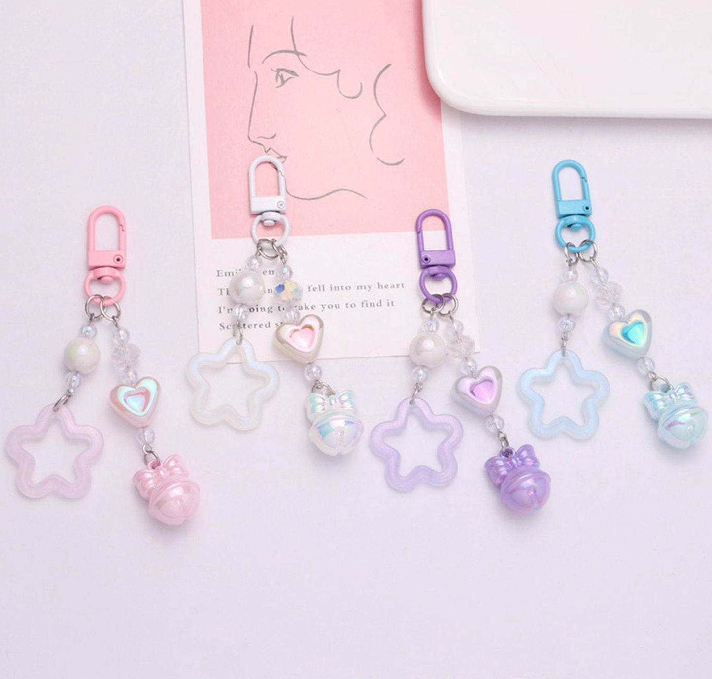 Cute Acrylic Pearlescent Shimmer Cutout Star with Heart Bead Keychain, Key ring
