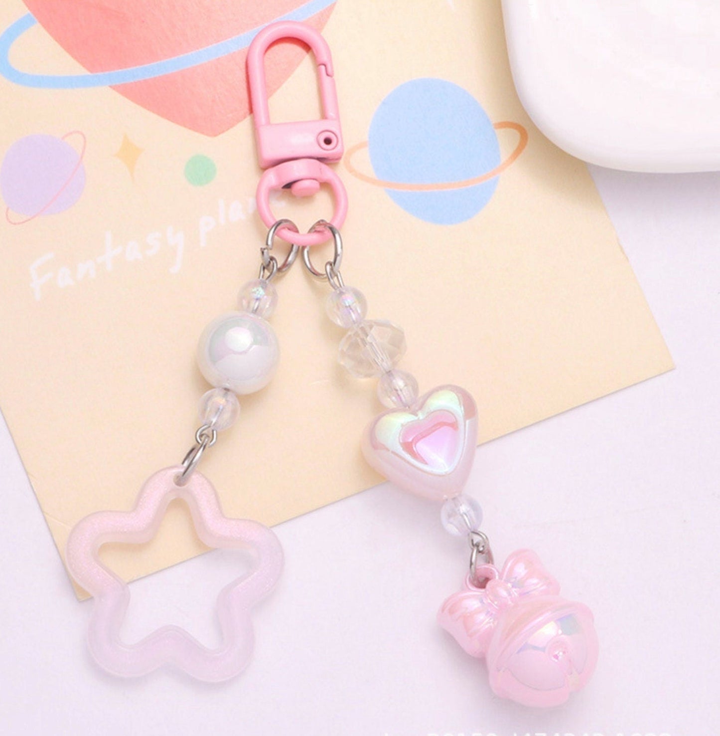 Cute Acrylic Pearlescent Shimmer Cutout Star with Heart Bead Keychain, Key ring