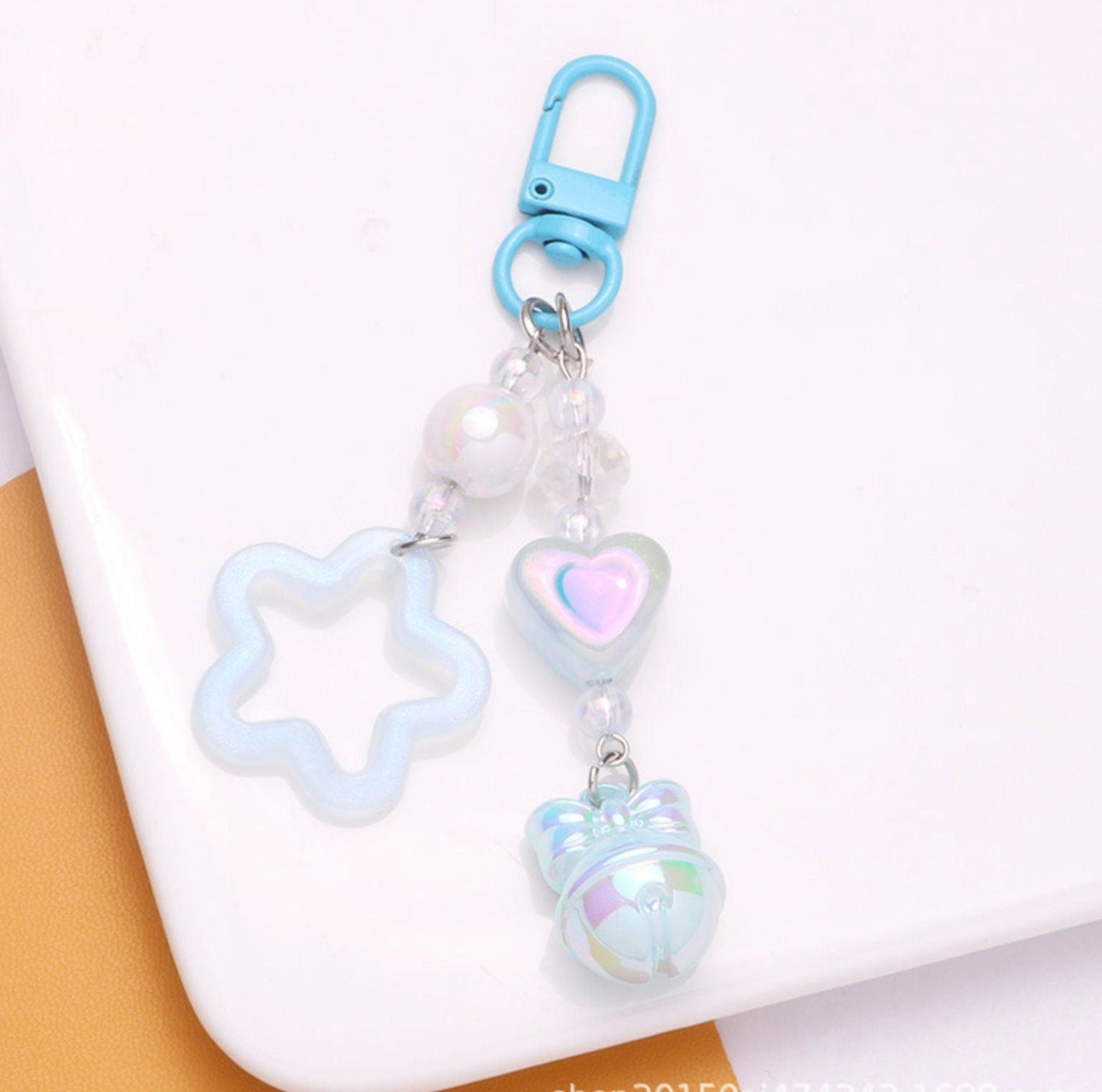 Cute Acrylic Pearlescent Shimmer Cutout Star with Heart Bead Keychain, Key ring