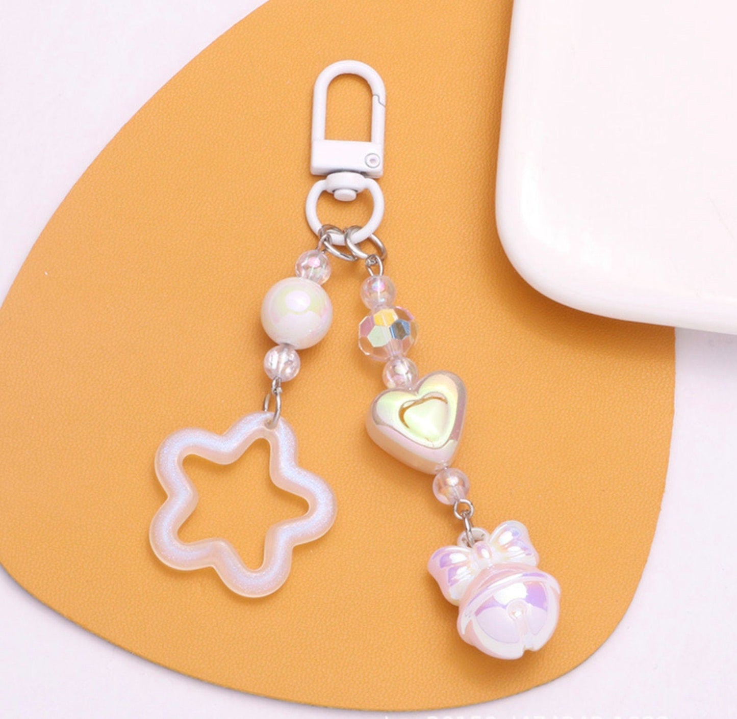 Cute Acrylic Pearlescent Shimmer Cutout Star with Heart Bead Keychain, Key ring