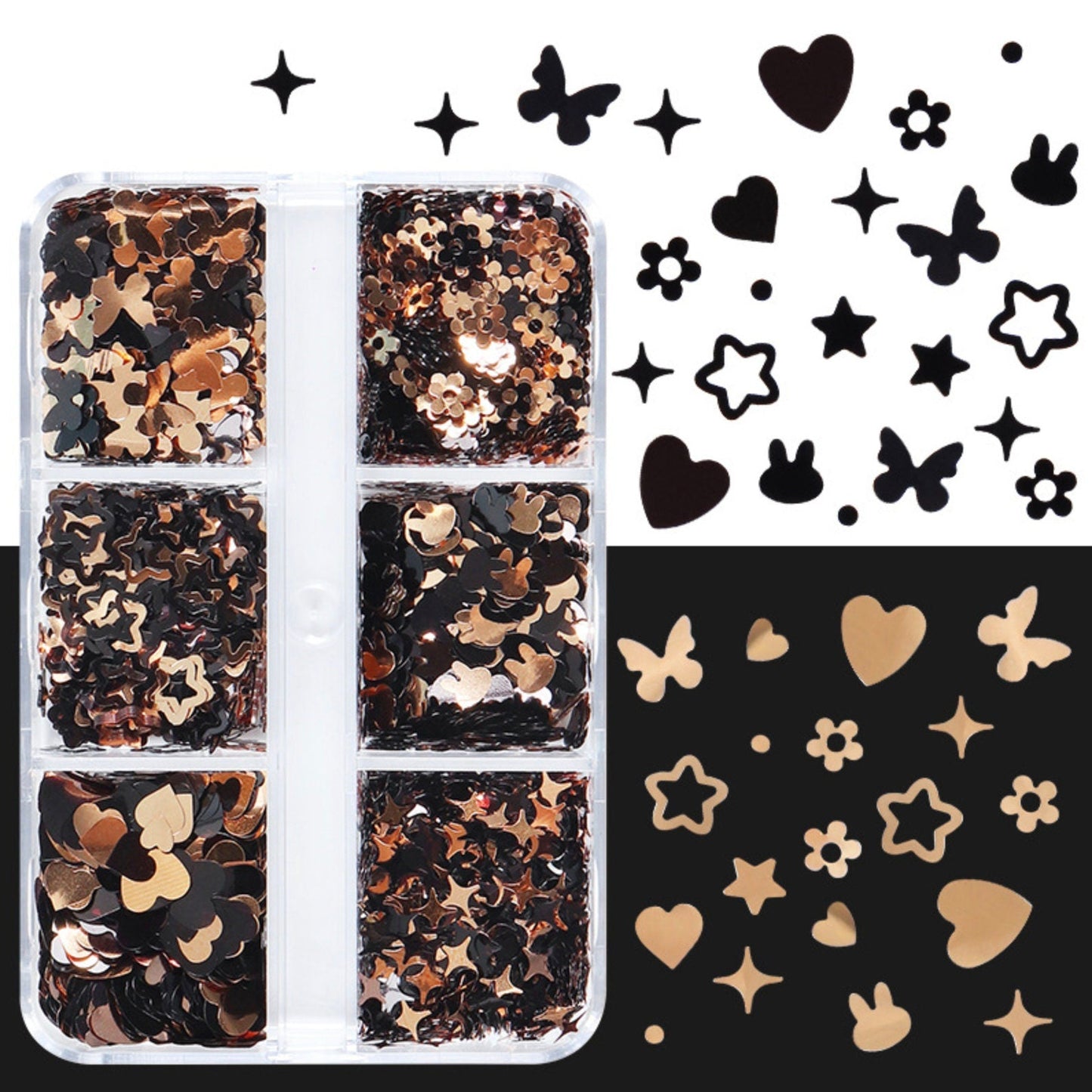 Glitter Flake Sets (Butterly, Bunny, Heart, Sparkle, Flower, Star) Gold/Black