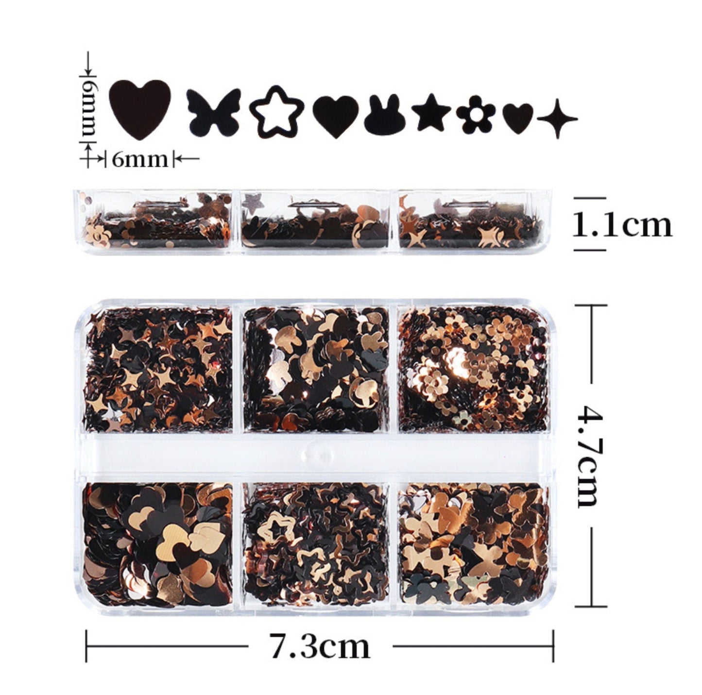 Glitter Flake Sets (Butterly, Bunny, Heart, Sparkle, Flower, Star) Gold/Black