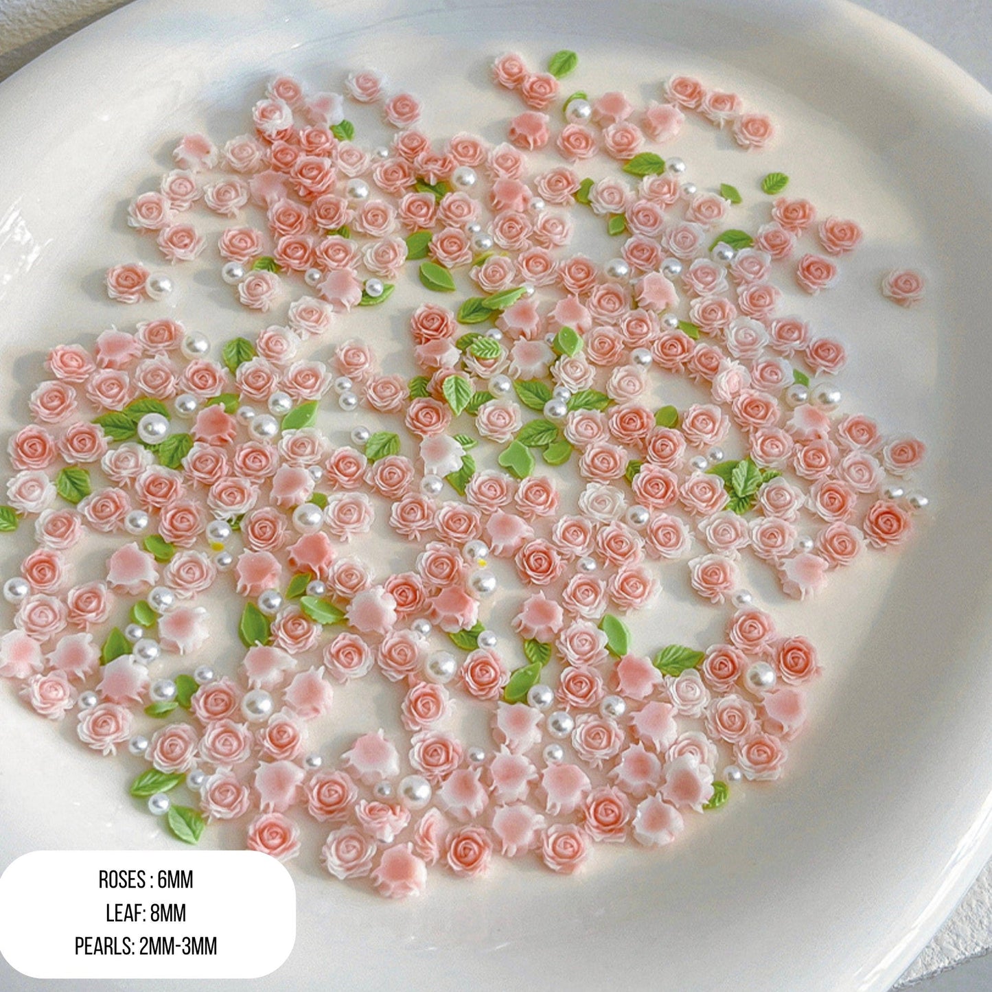 Cute Roses w/Leaves and Faux Pearls for Nail Art (30-40pc per order)