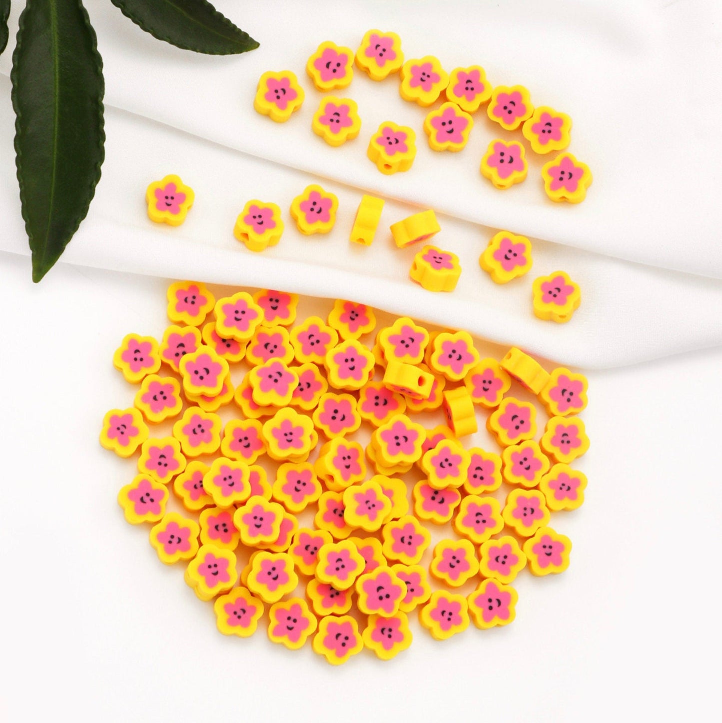 9MM Smiley Flower Face, Floral Themed Polymer Clay Beads