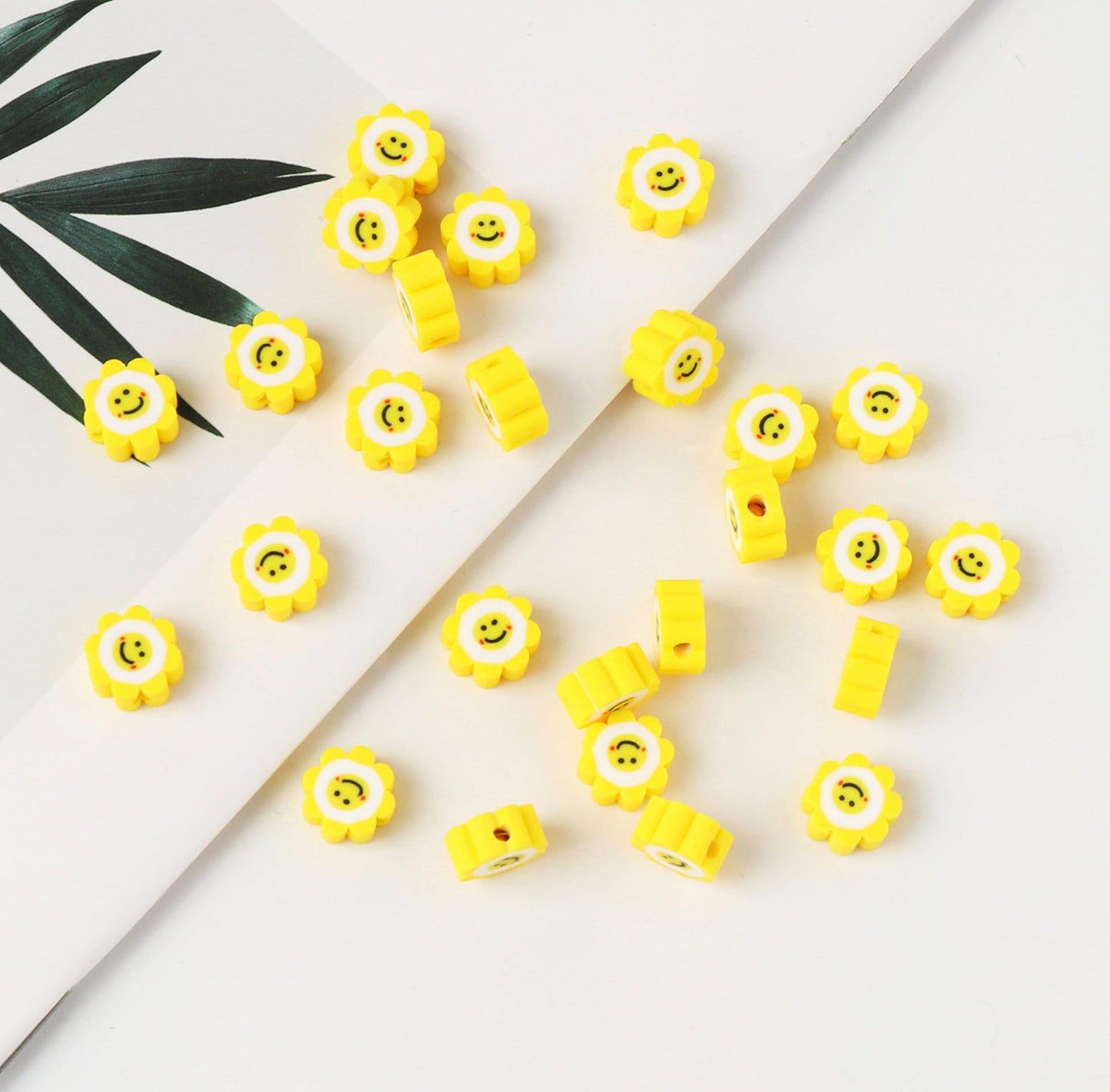 10MM Yellow Smiley Face Flower, Floral Themed Polymer Clay Beads