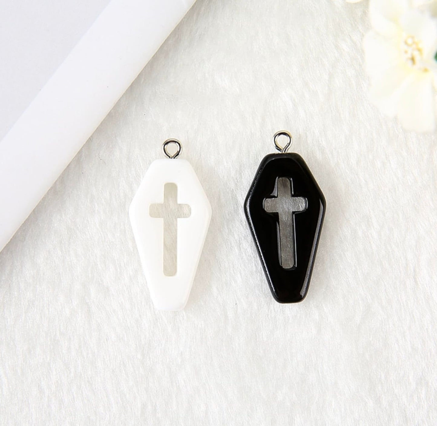 Halloween Black White Coffin Cross Resin Charm with Eye Pin (29mm x 16mm)