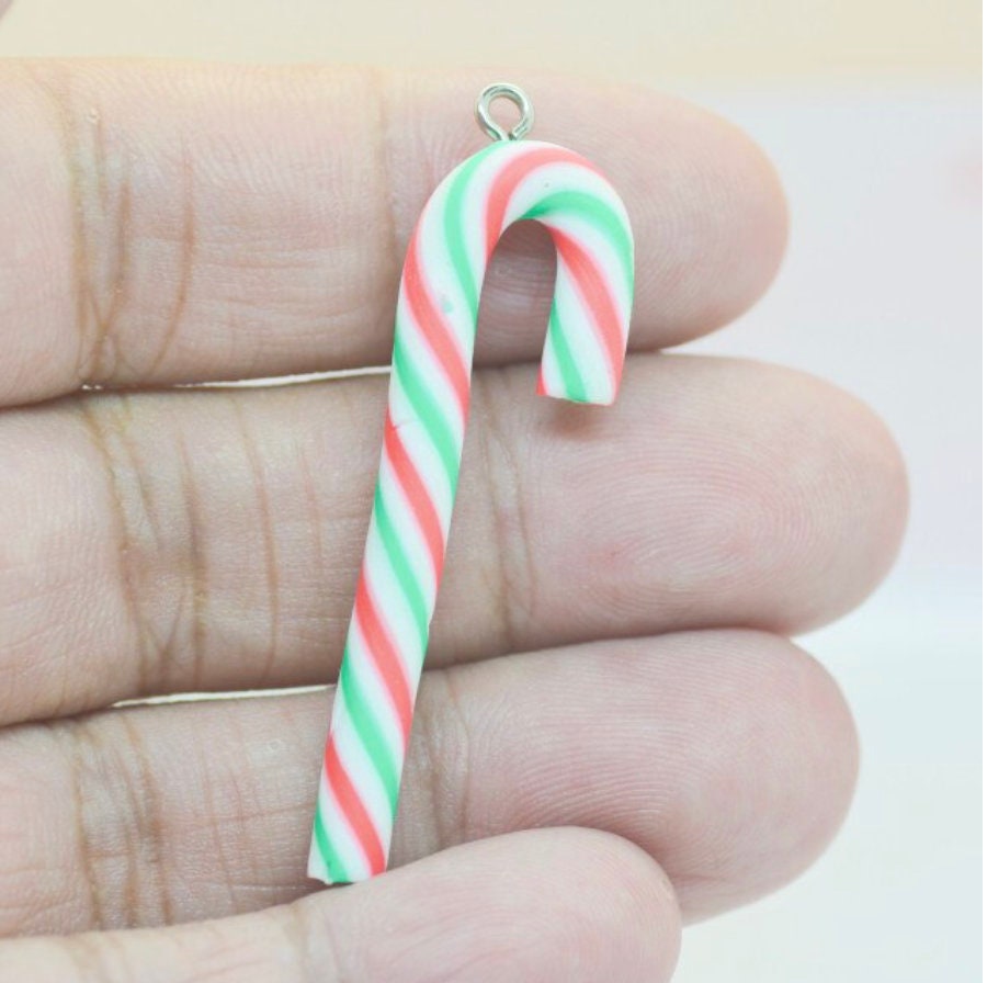 Large Candy Cane Charm with Eye Pin Polymer Clay (44mm x 19mm) NOT EDIBLE