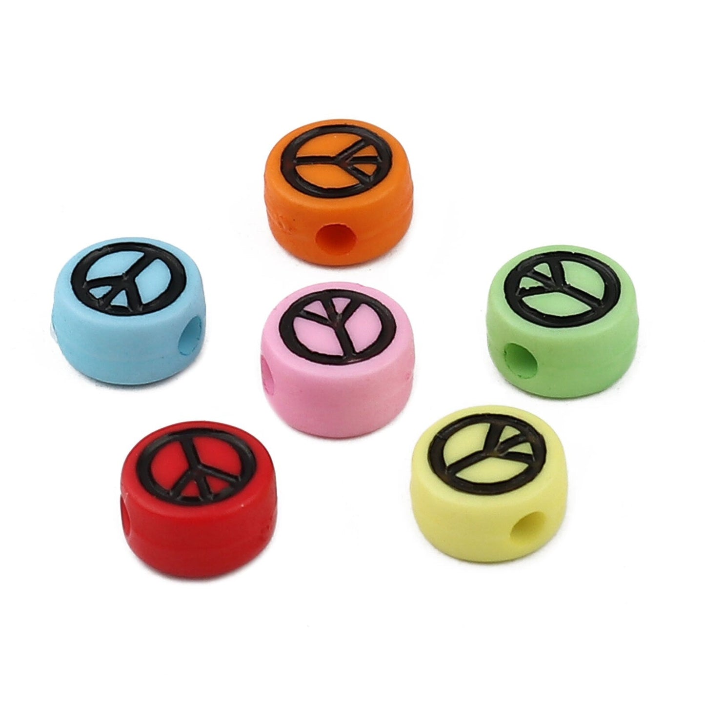 7MM Mixed Color Flat Round Acrylic Black Peace Sign Beads