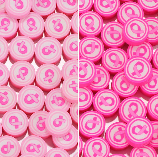 10MM Pink Cancer Ribbon Themed Polymer Clay Beads