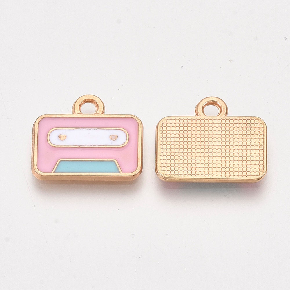 Pink Cassette Tape Alloy Enamel Charm 14x16x1mm, Hole: 2mm)