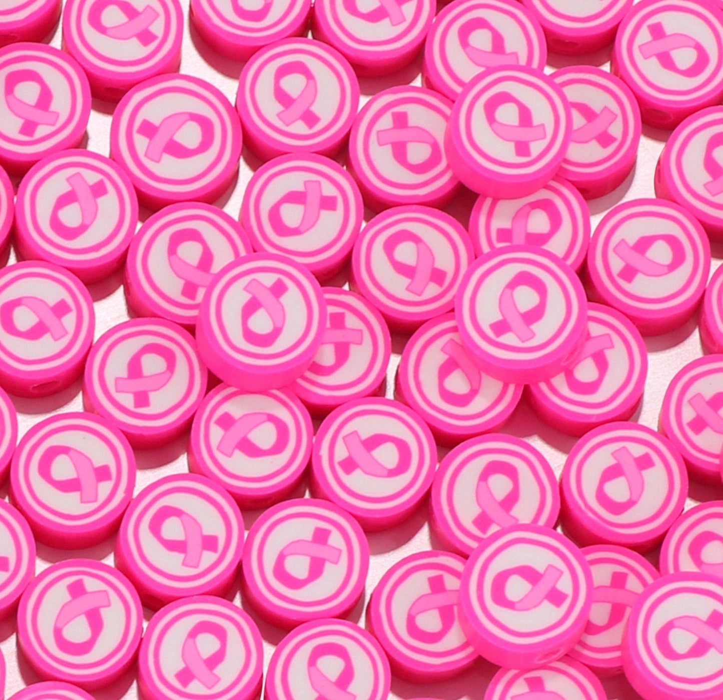 10MM Pink Cancer Ribbon Themed Polymer Clay Beads