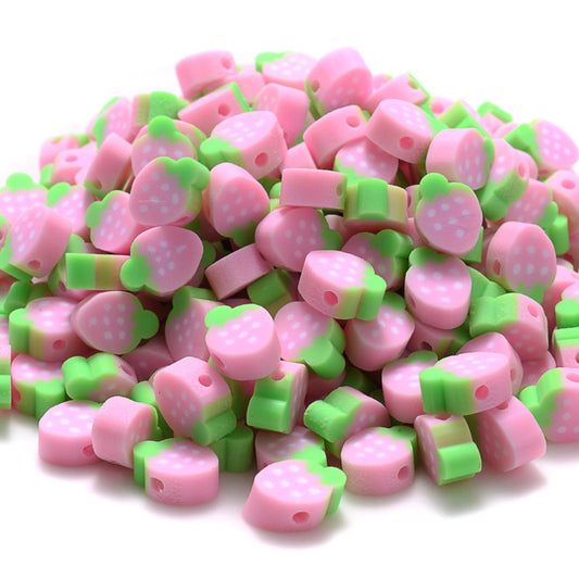10MM Pink Strawberry Fruit Themed Polymer Clay Beads