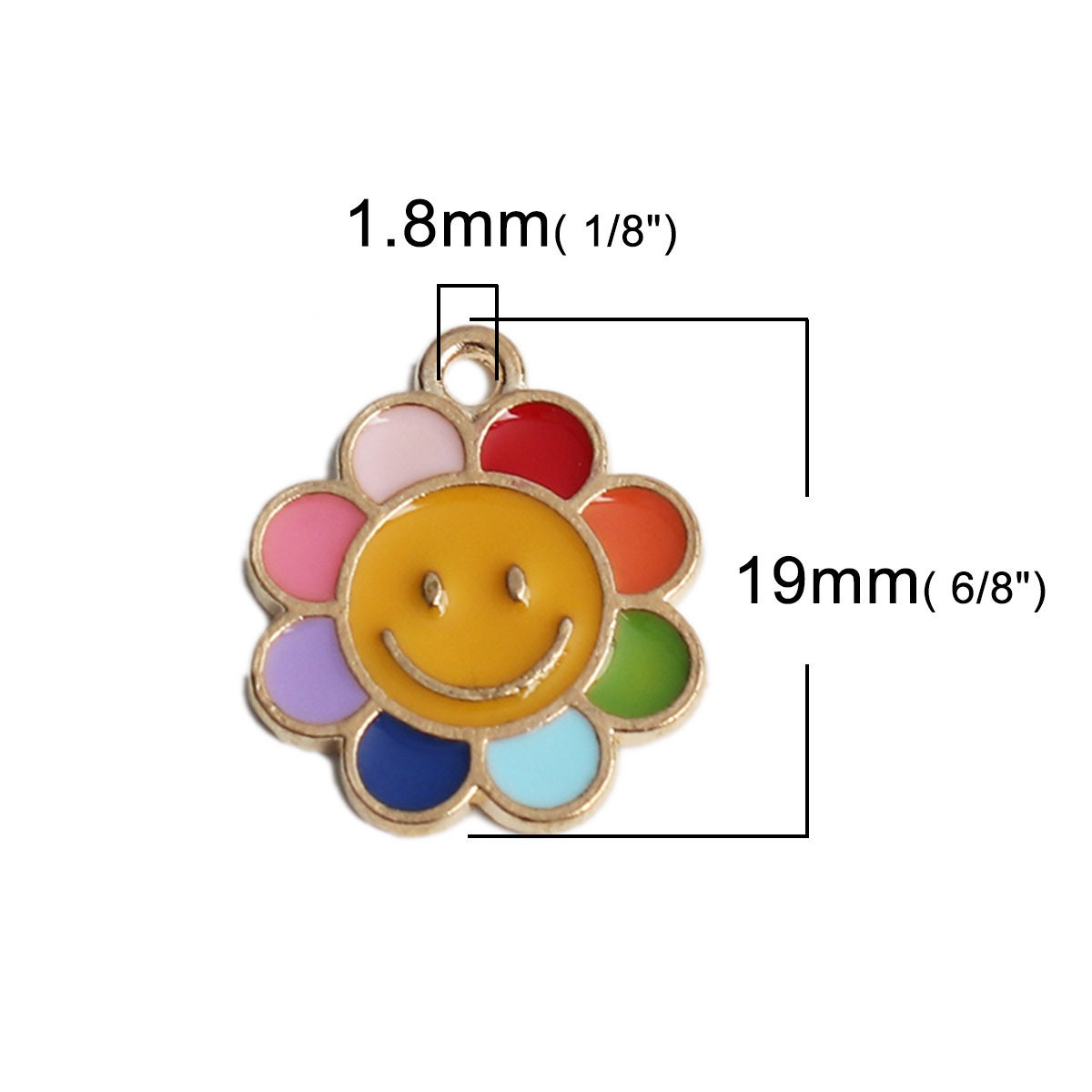 Rainbow Flower Happy Face Enamel Zinc Alloy Charm (19mm x 16mm, Hole: 1.8mm)