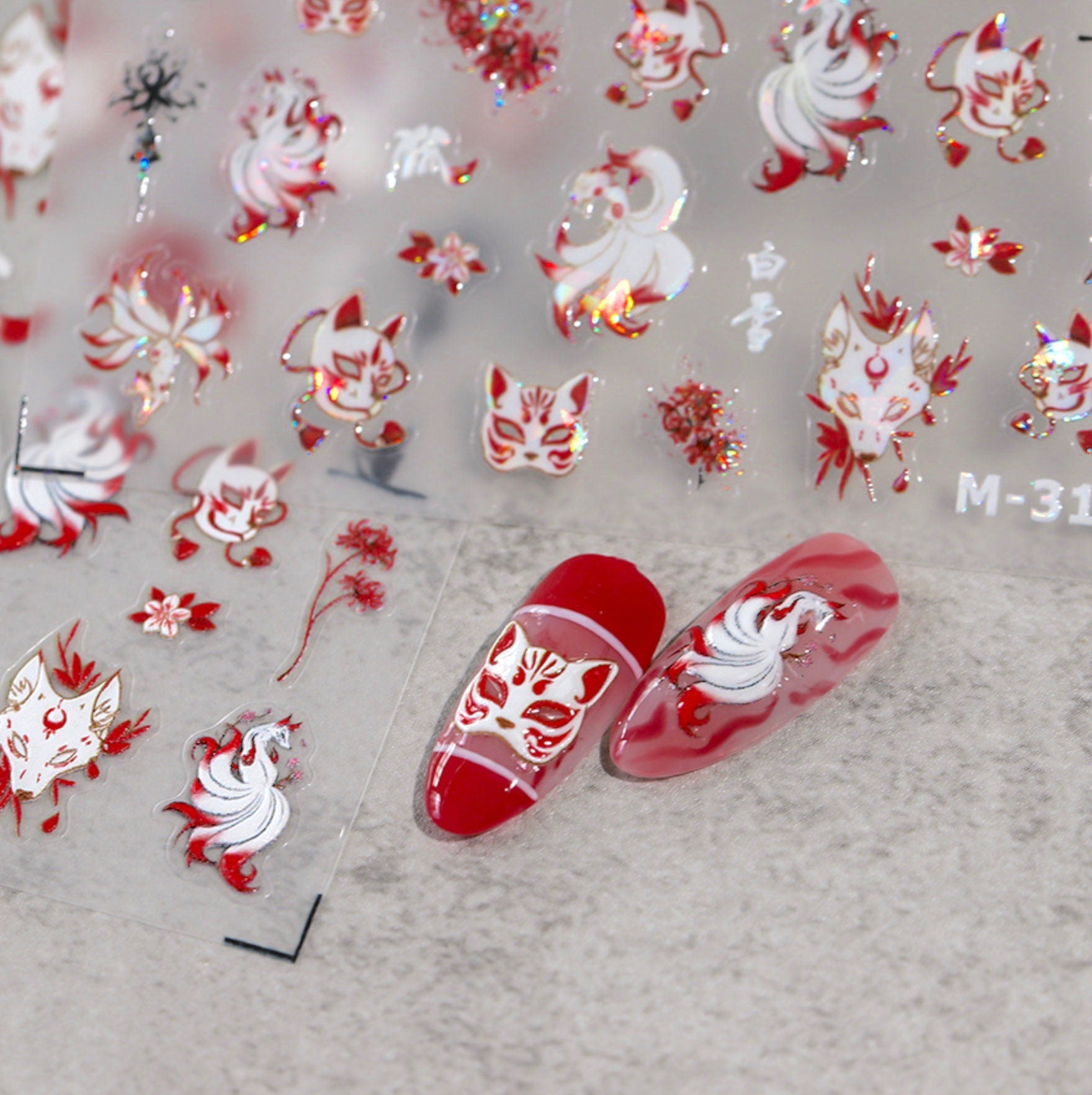 Red Kitsune Fox Themed Nail Art Stickers (m-316, TS-3626