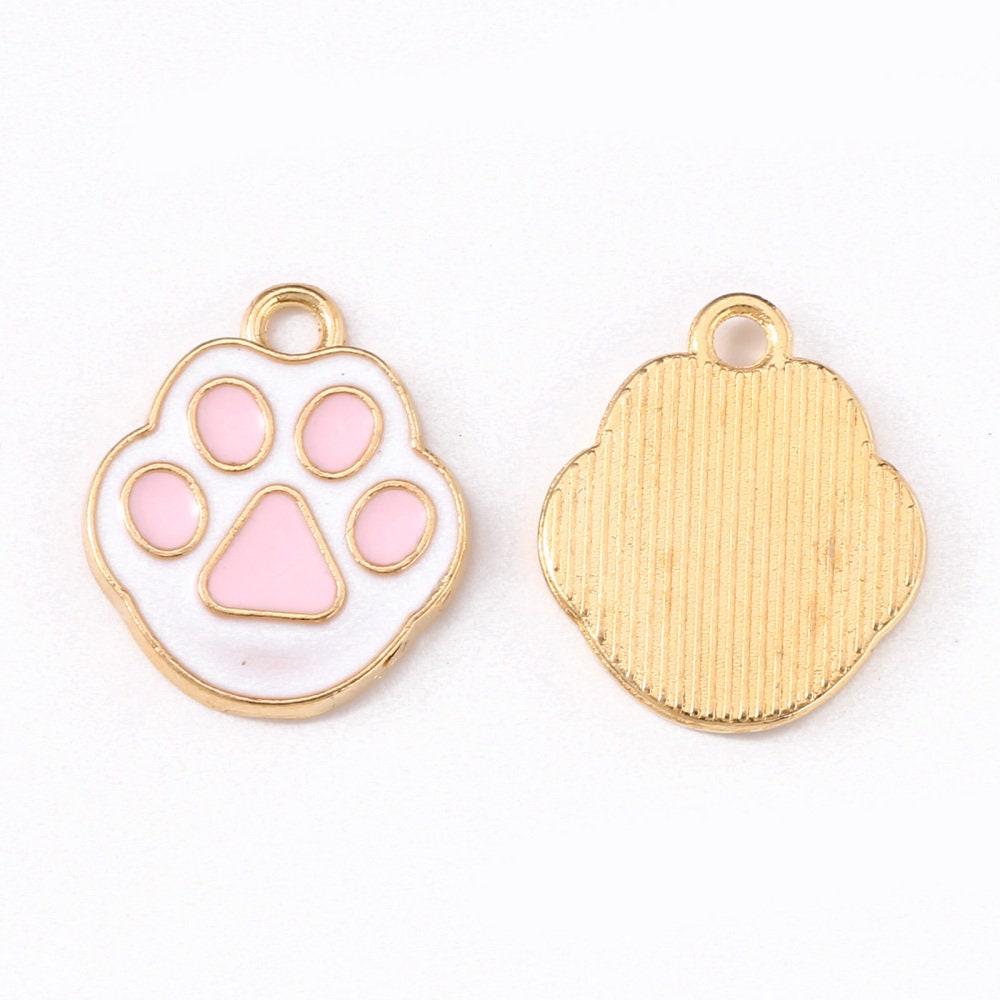 White Cat Paw with Pink Toe Bean Enamel Charms (16mm x 14mm)