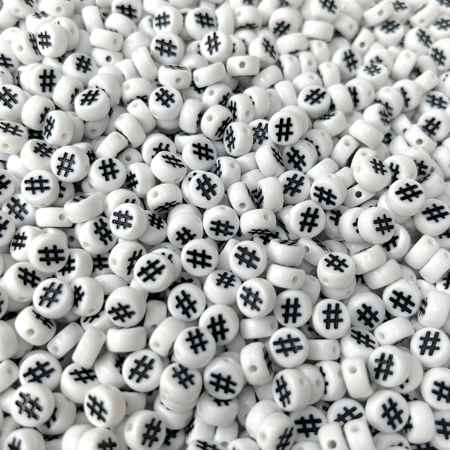 7MM White Flat Round Acrylic with Hashtag, Pound Sign Symbol Beads
