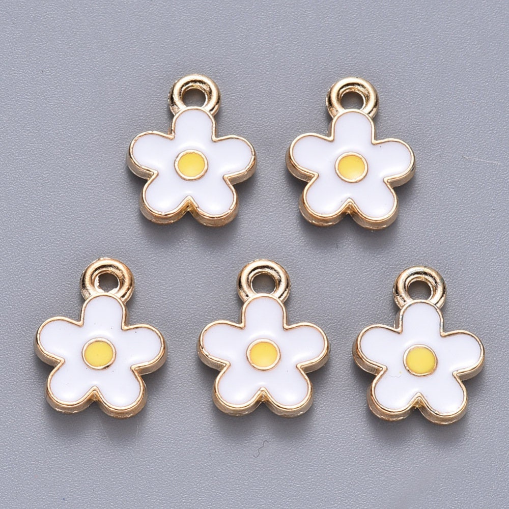 White Flower Oil Drop Style Enamel Charm (12.5x10x2mm, Hole: 1.2mm)