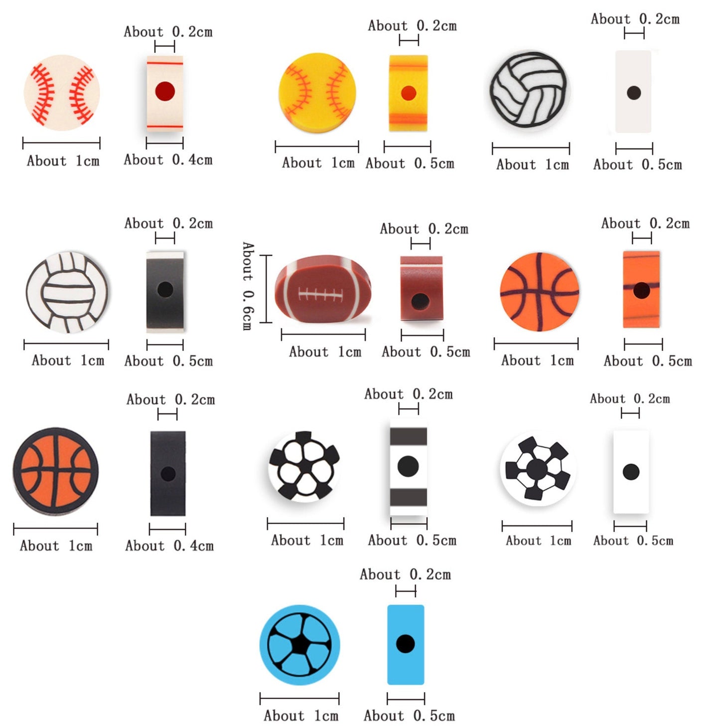 10MM White Volleyball, Sports Themed Polymer Clay Beads