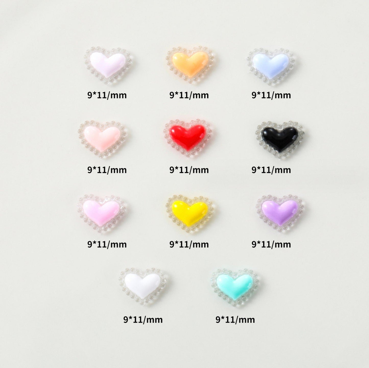 9MM x 11MM Ruffled Heart Mixed Colors 3D Nail Art Charms, Mini Cabochon