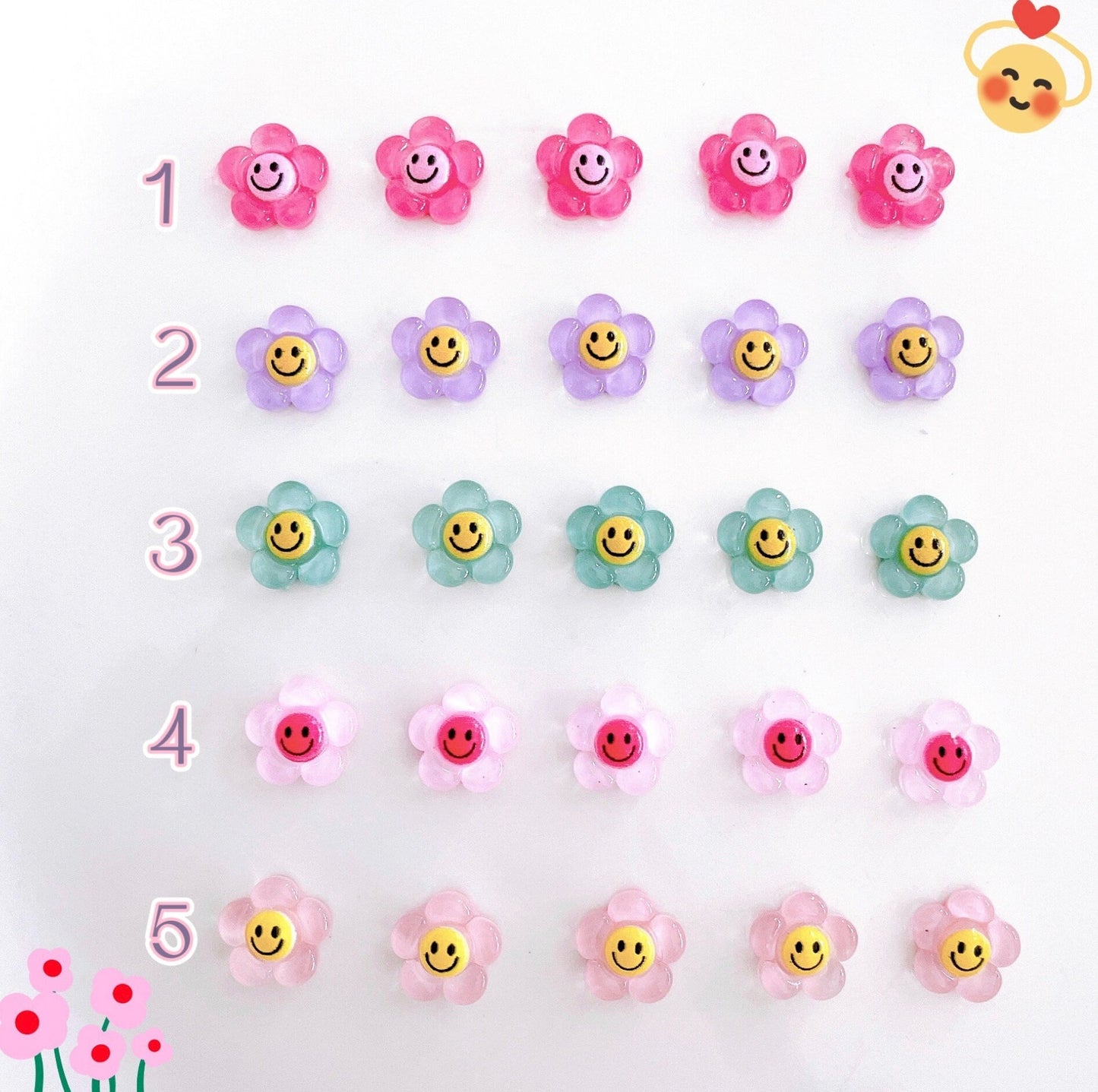 Happy Faced Flower Themed 3D Nail Art Charms, Mini Cabochon