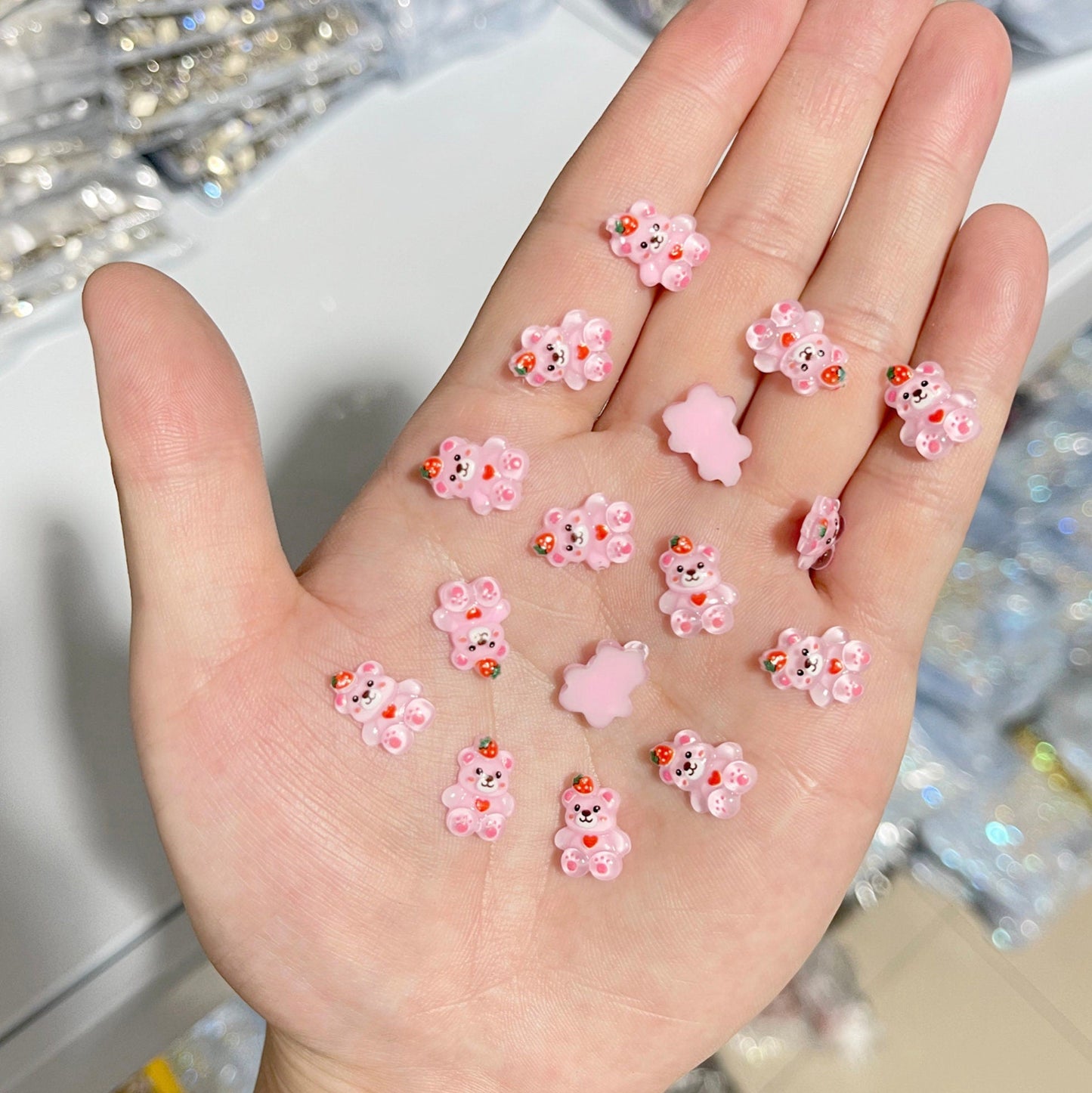 Kawaii Pink Strawberry Bear, Animal Themed 3D Nail Art Charms, Mini Cabochon