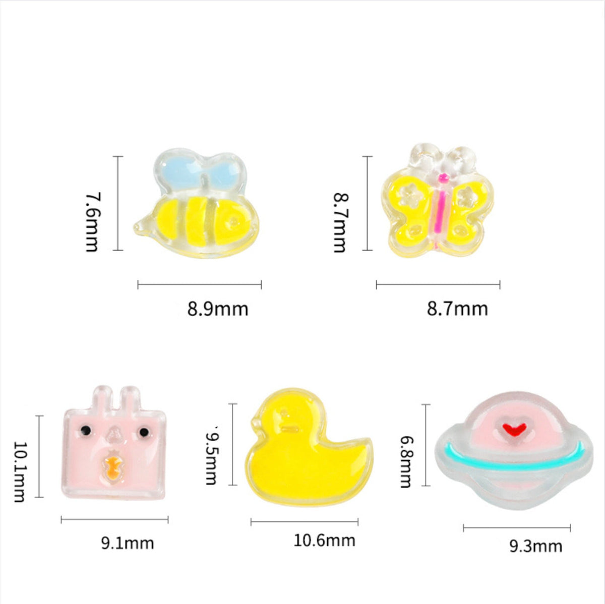 Kawaii Resin Nail Art Charms, (Bee, Planet, Duck, Butterfly, Square Bunny)