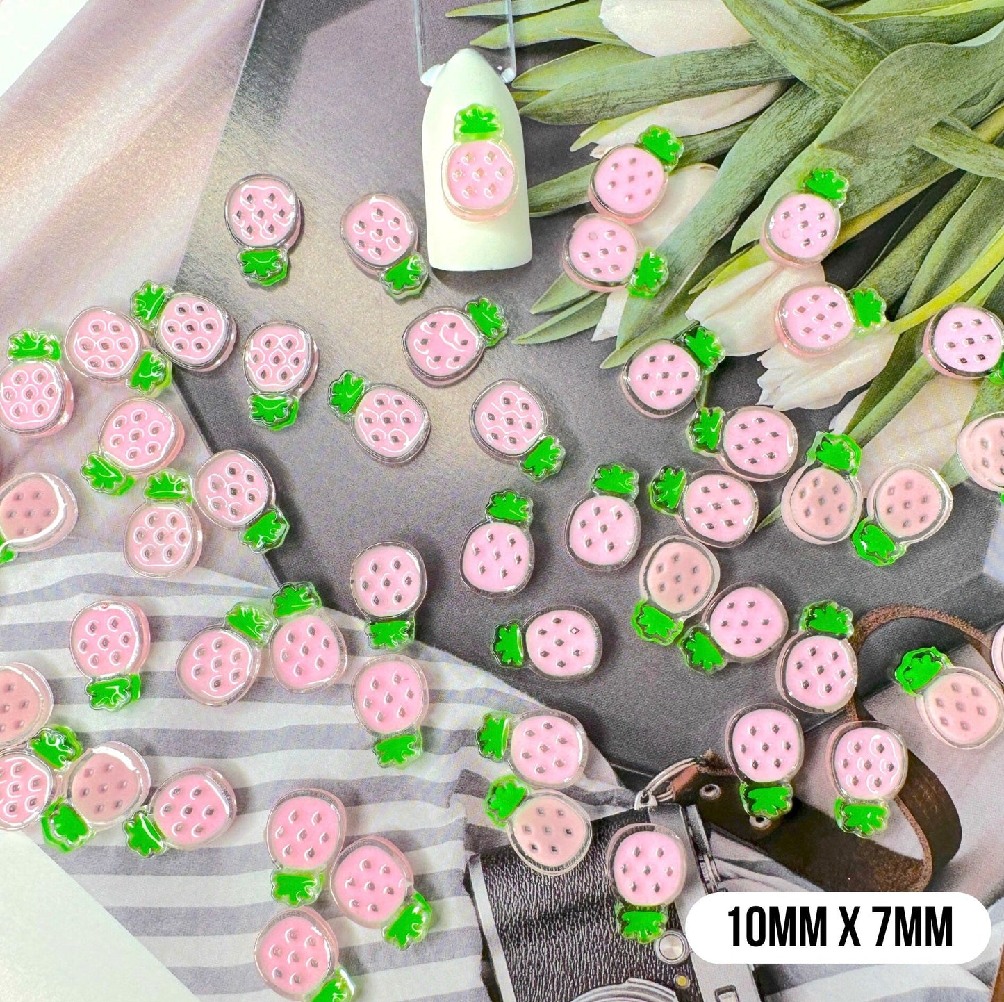 Kawaii Yellow/Pink Pineapple, Fruit Themed 3D Nail Art Charms, Mini Cabochon