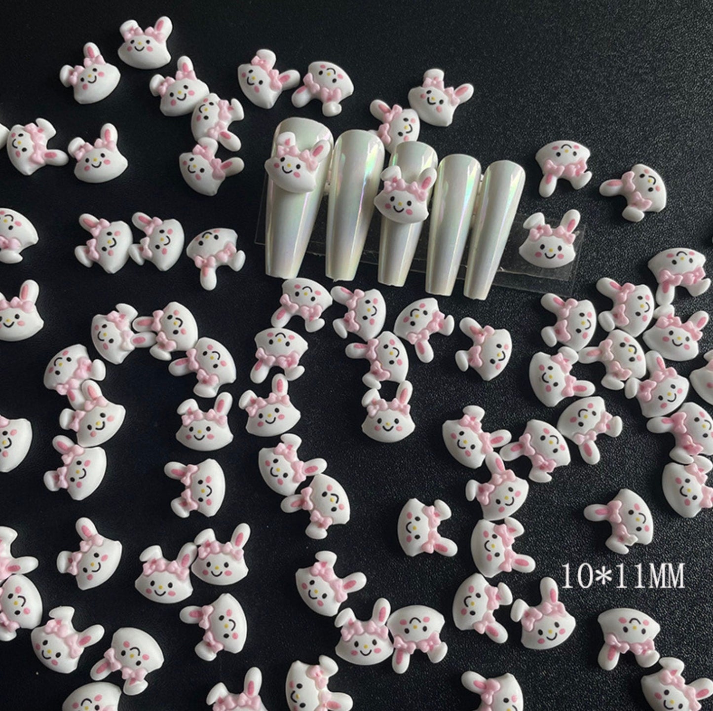 White Bunny Pink Bow Themed Nail Art Charms, Mini Cabochon (10mm x 11mm)