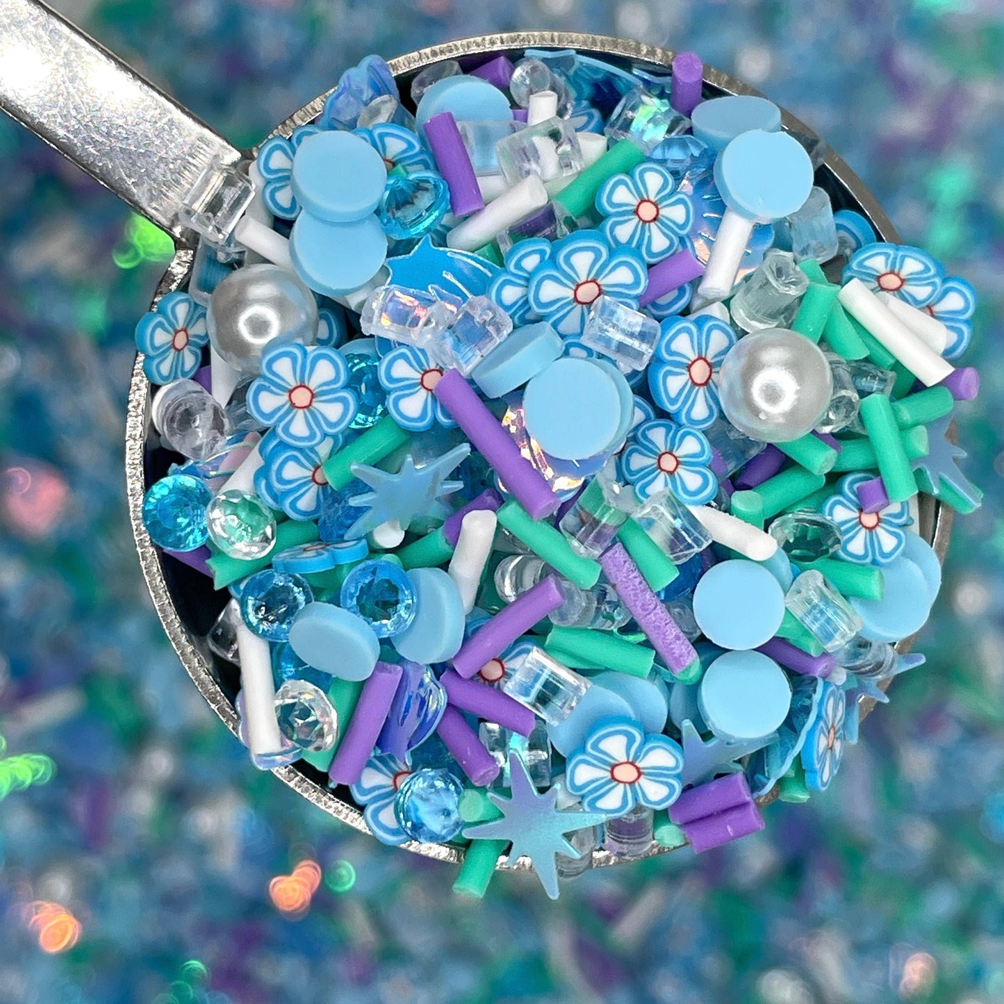 FAKE Blue Flower Rhinestone, Floral Polymer Clay Sprinkle (NOT EDIBLE) D6-06