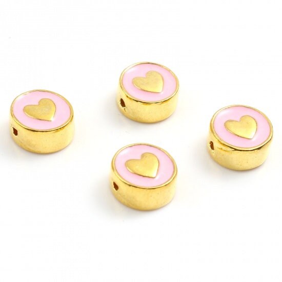 10MM Gold Heart Enamel Filled Flat Round Charm