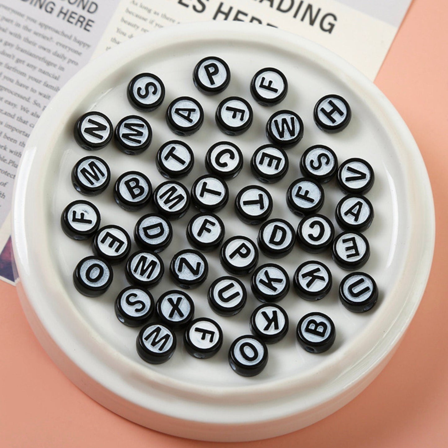 10MM x 5MM Flat Round Acrylic Letter Beads, Raised Letter (White, Black, Mixed)