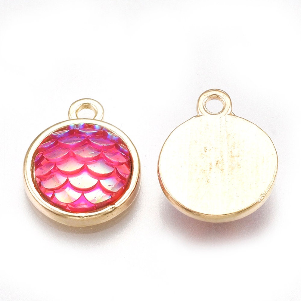 11MM Resin Mermaid Fish Scale Flat Round Gold Charm