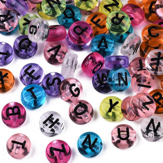 7MM Mixed Color Transparent Acrylic Flat Round Black Letter beads (200/400)