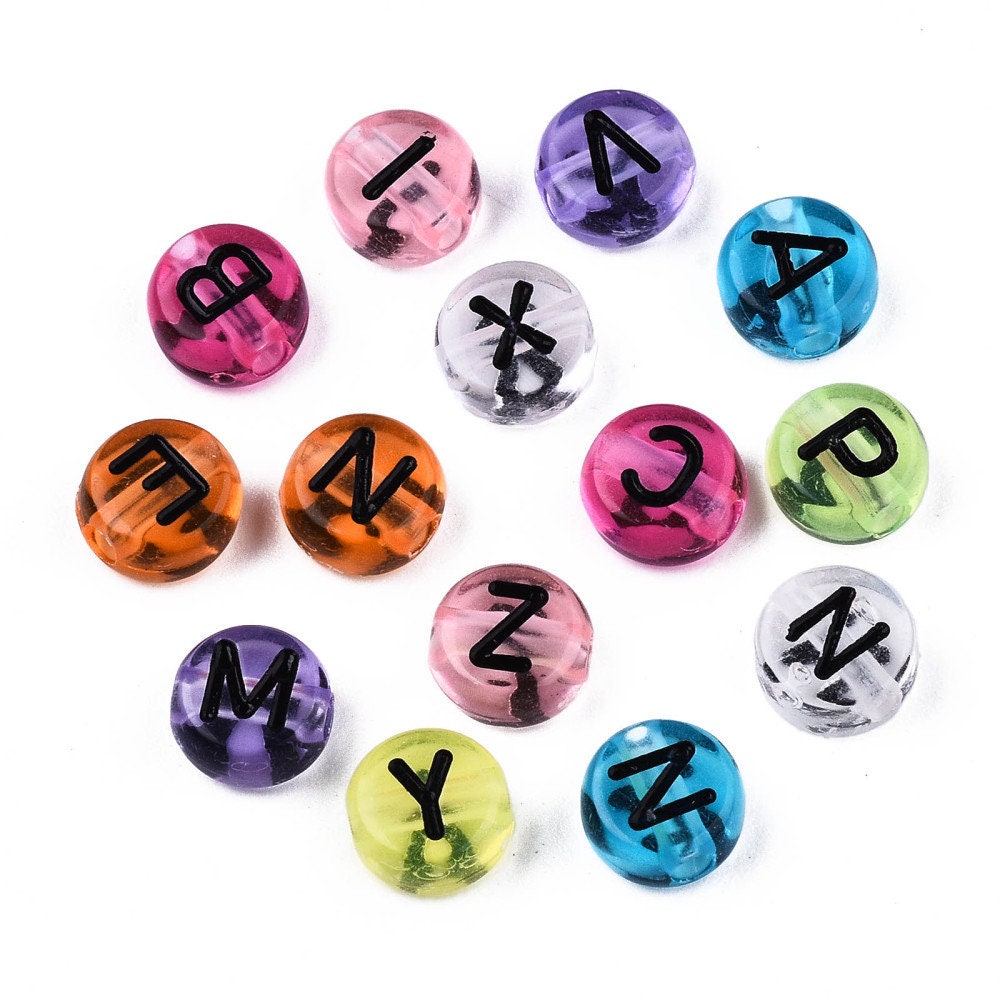 7MM Mixed Color Transparent Acrylic Flat Round Black Letter beads (200/400)