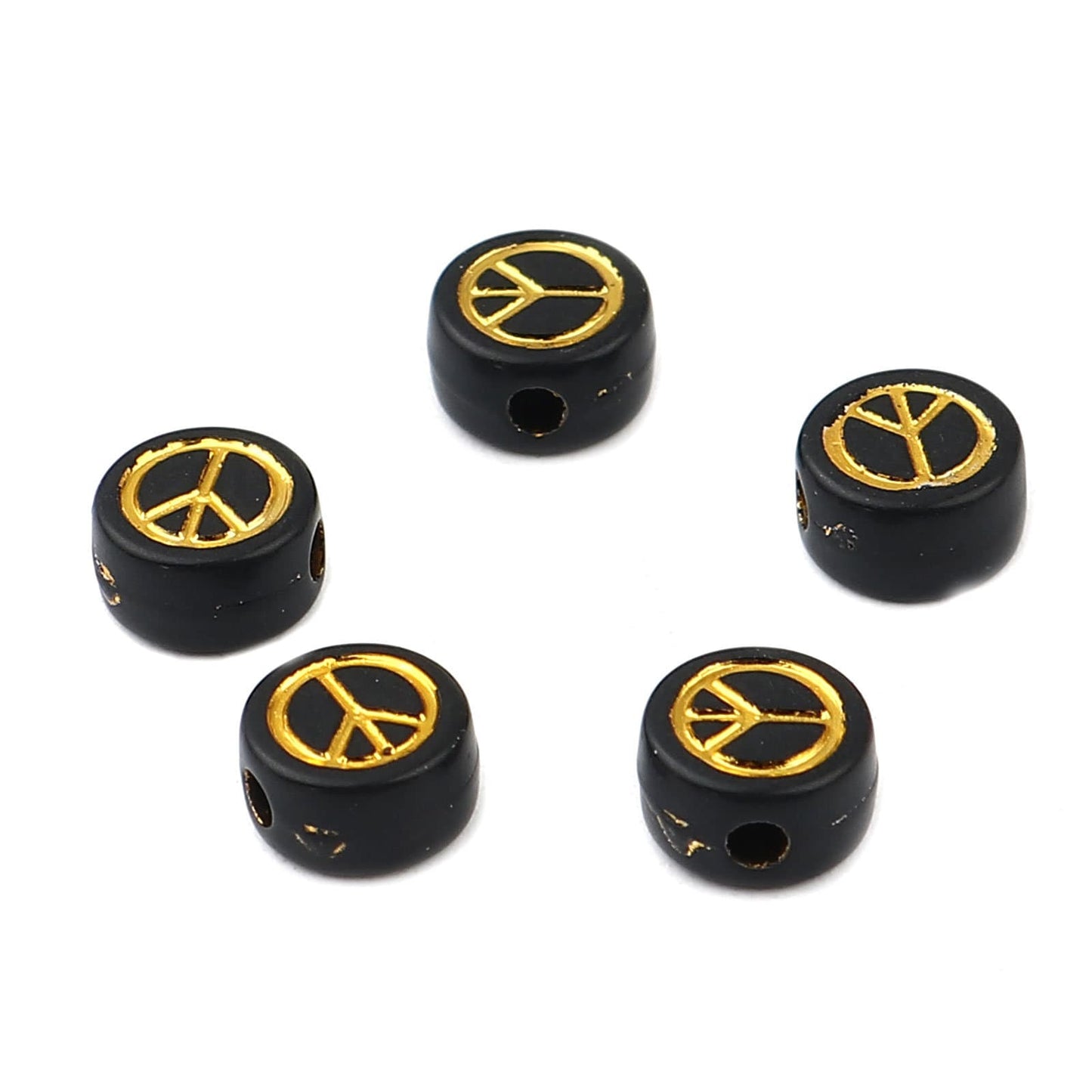 7MM Black Color Flat Round Acrylic Gold Peace Sign Beads
