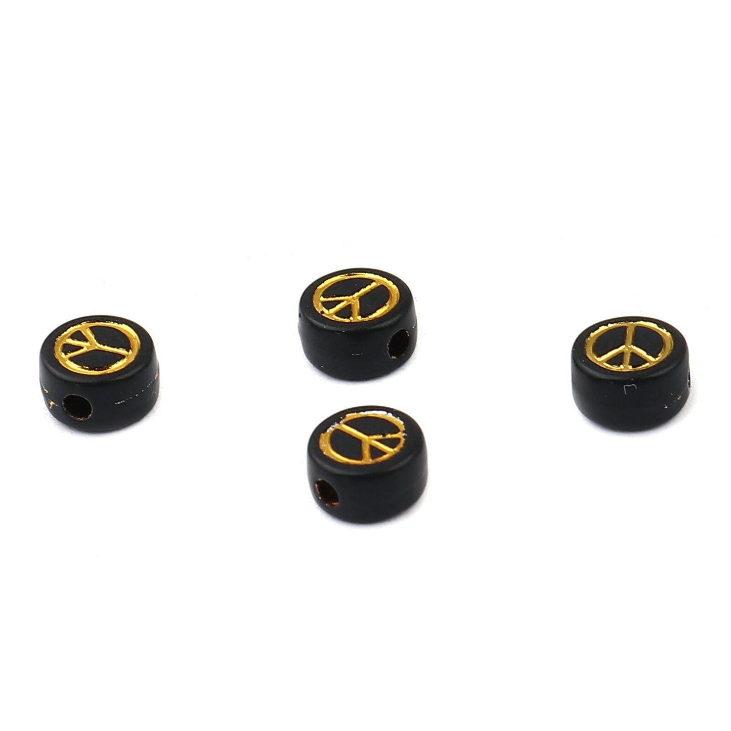 7MM Black Color Flat Round Acrylic Gold Peace Sign Beads