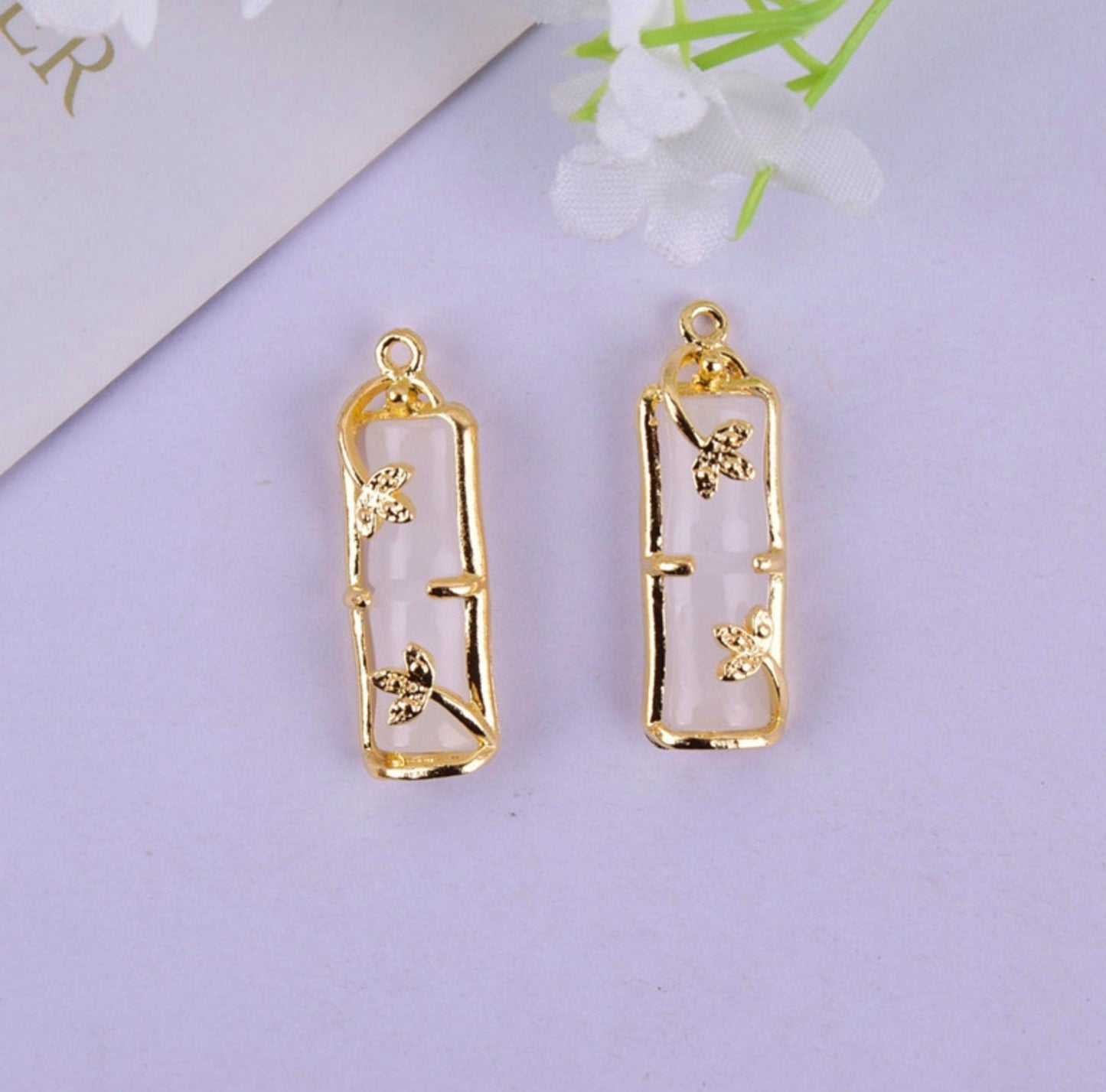 Green/White Bamboo Charm with Alloy and Stone Themed (10mm x 31mm)