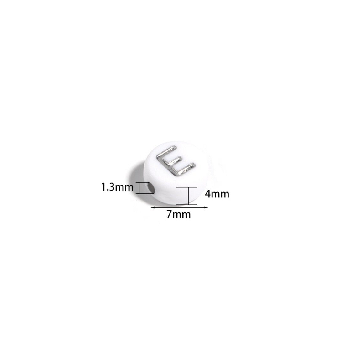 SILVER Letter A-Z Alphabet Individual Beads, White with Silver Letters (7MM)