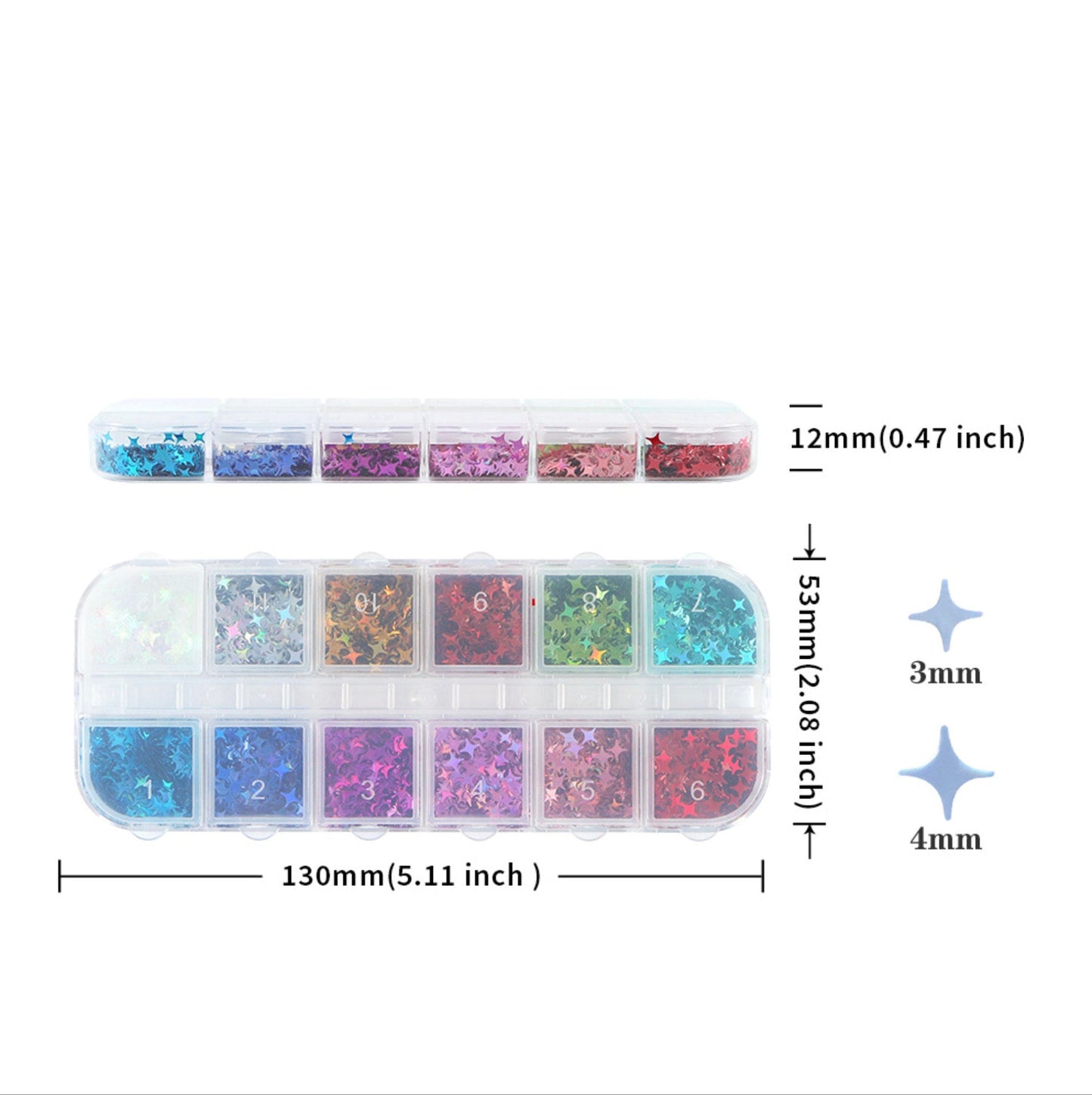 12 Color Sparkle Glitter Flake Set for Nail Art, DIY (3mm-4mm)