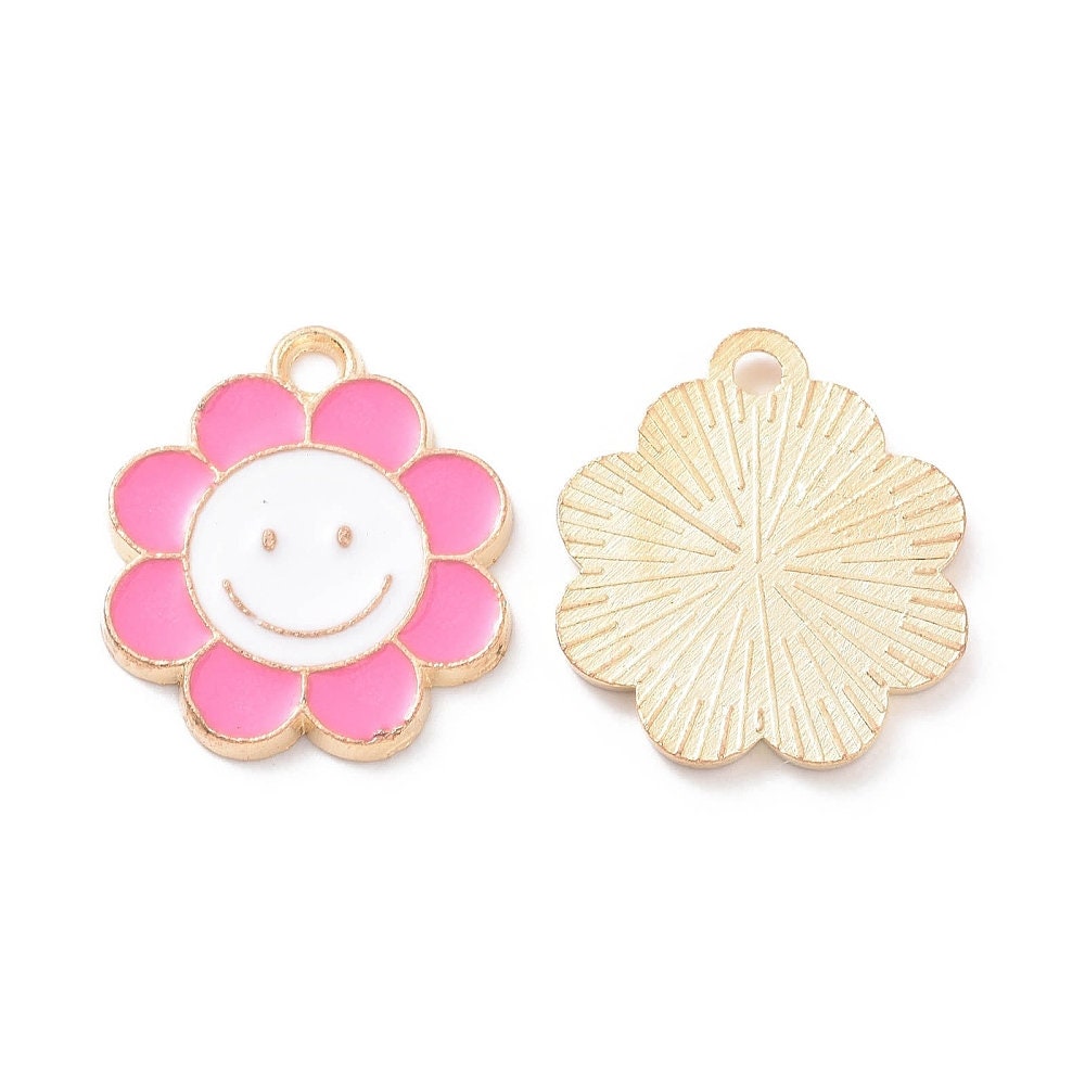 18.5MM x 16MM Smiling Flower (Blue, Light Pink, Dark Pink), Floral Enamel Charm