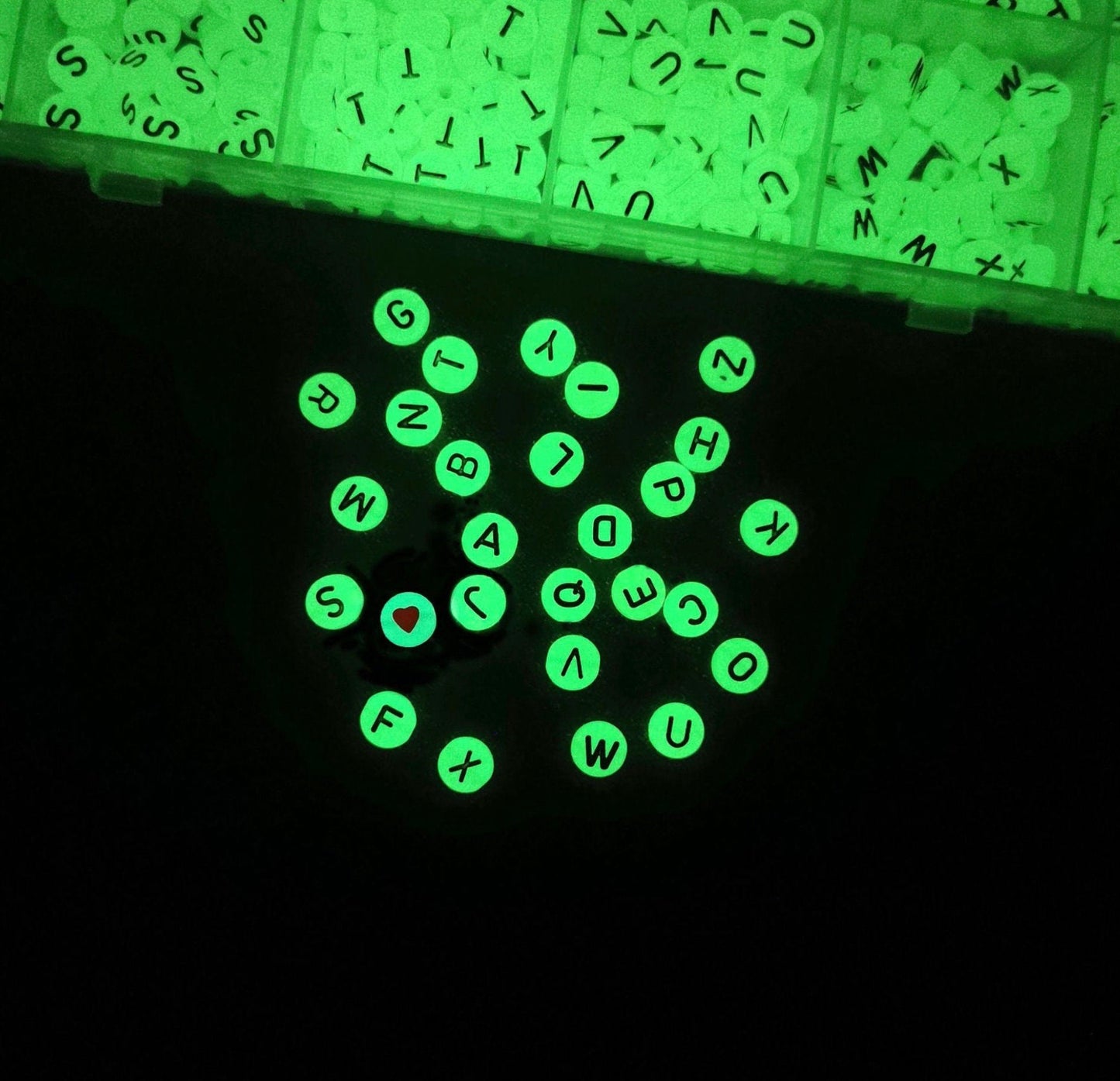 Glow-in-Dark Round Acrylic Black Letter Bead Set (1200 Beads + Elastic String)