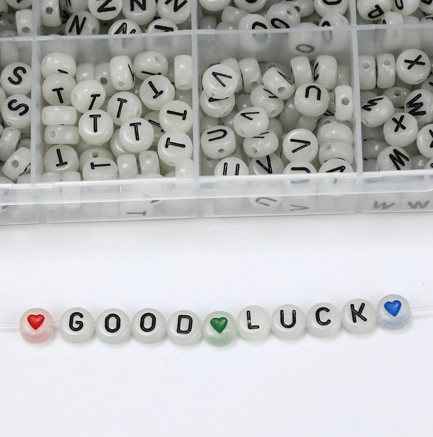 Glow-in-Dark Round Acrylic Black Letter Bead Set (1200 Beads + Elastic String)