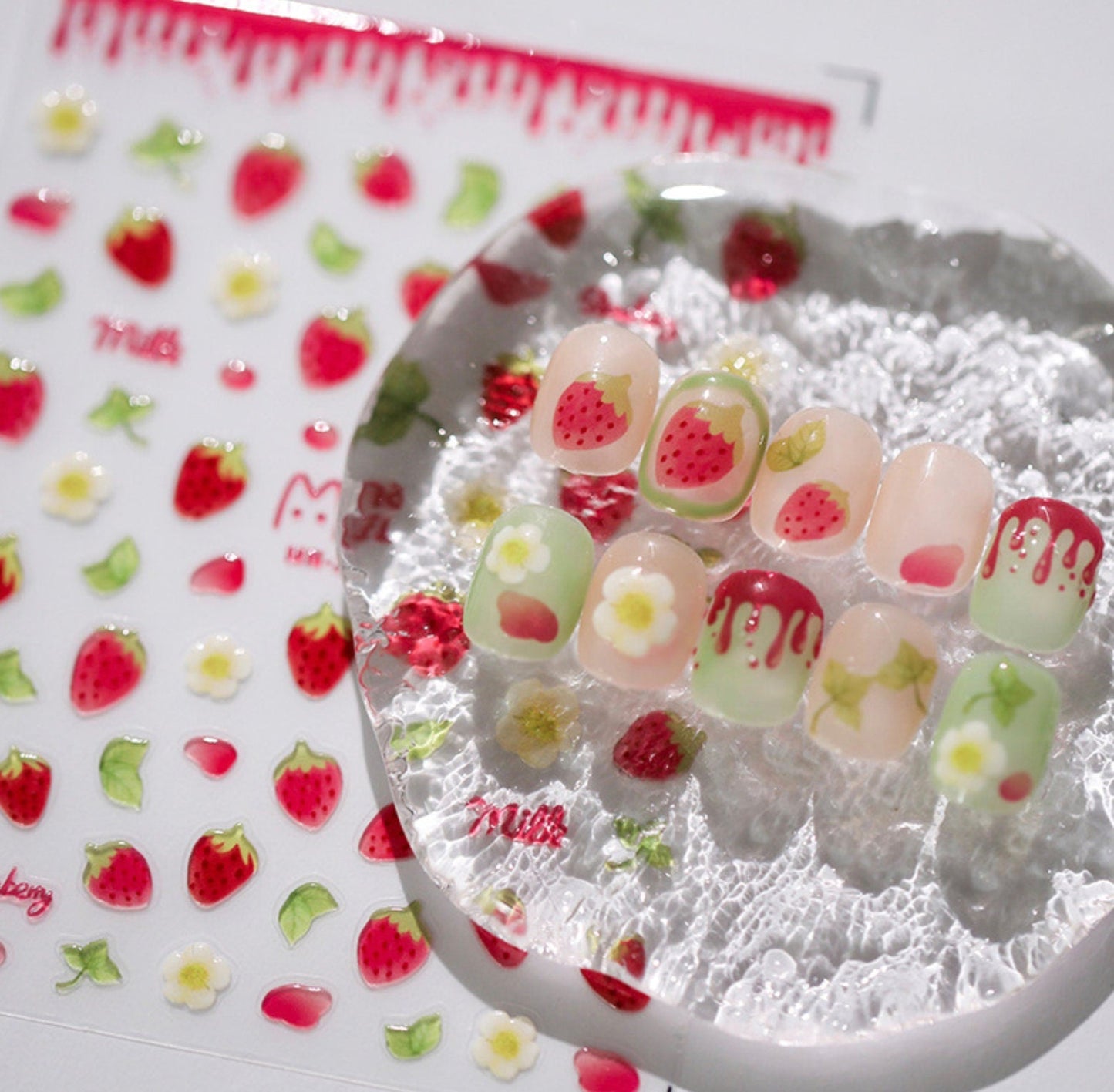 Jelly Colored Strawberry Flowers Field Themed Nail Art Stickers