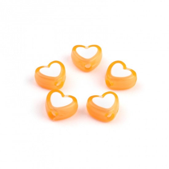8MM Orange Acrylic Heart w/White Middle Spacer Beads with Vertical Hole