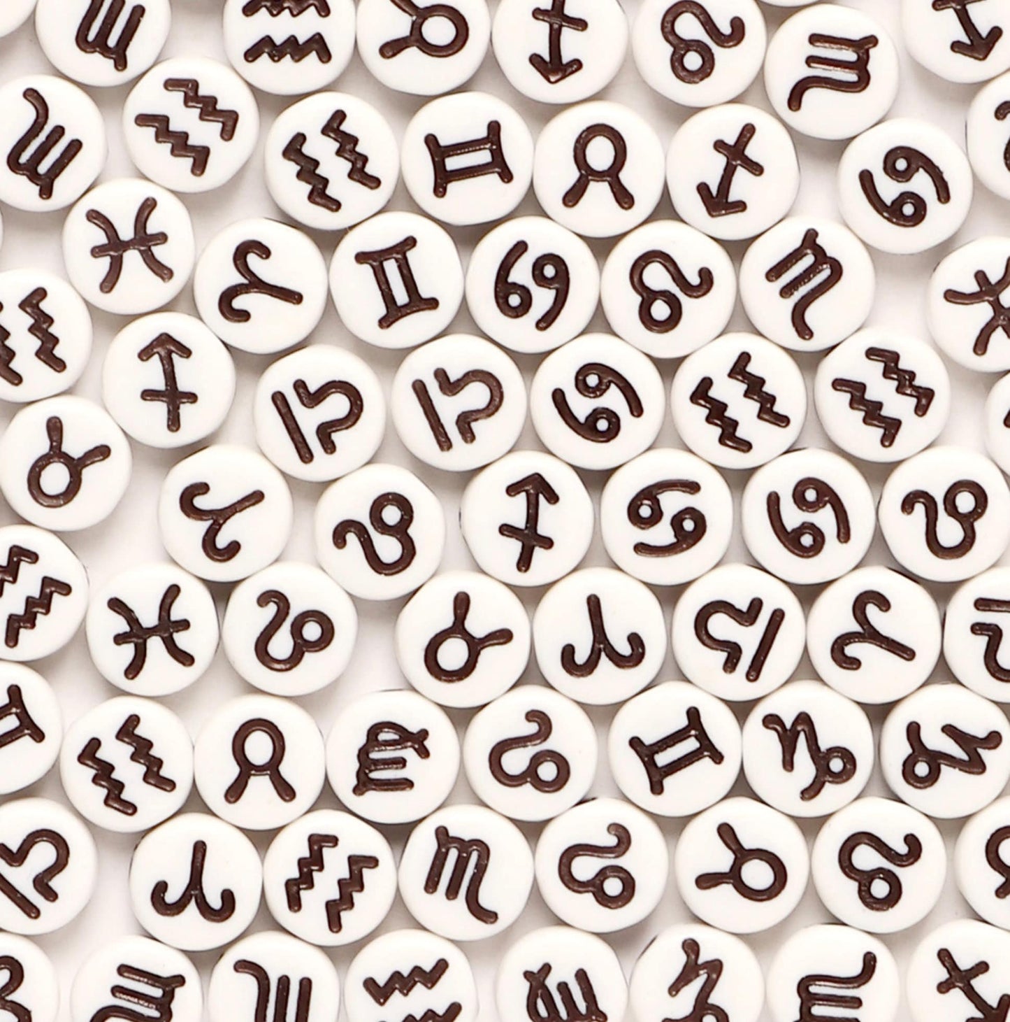 7MM White Flat Round Acrylic with Astrology Sign Symbol Beads
