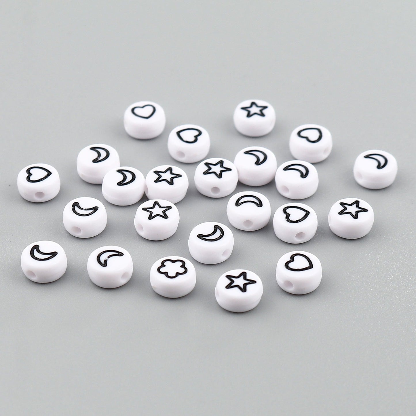 7MM White Flat Round Acrylic with Black Flower, Star, Moon, Heart Beads