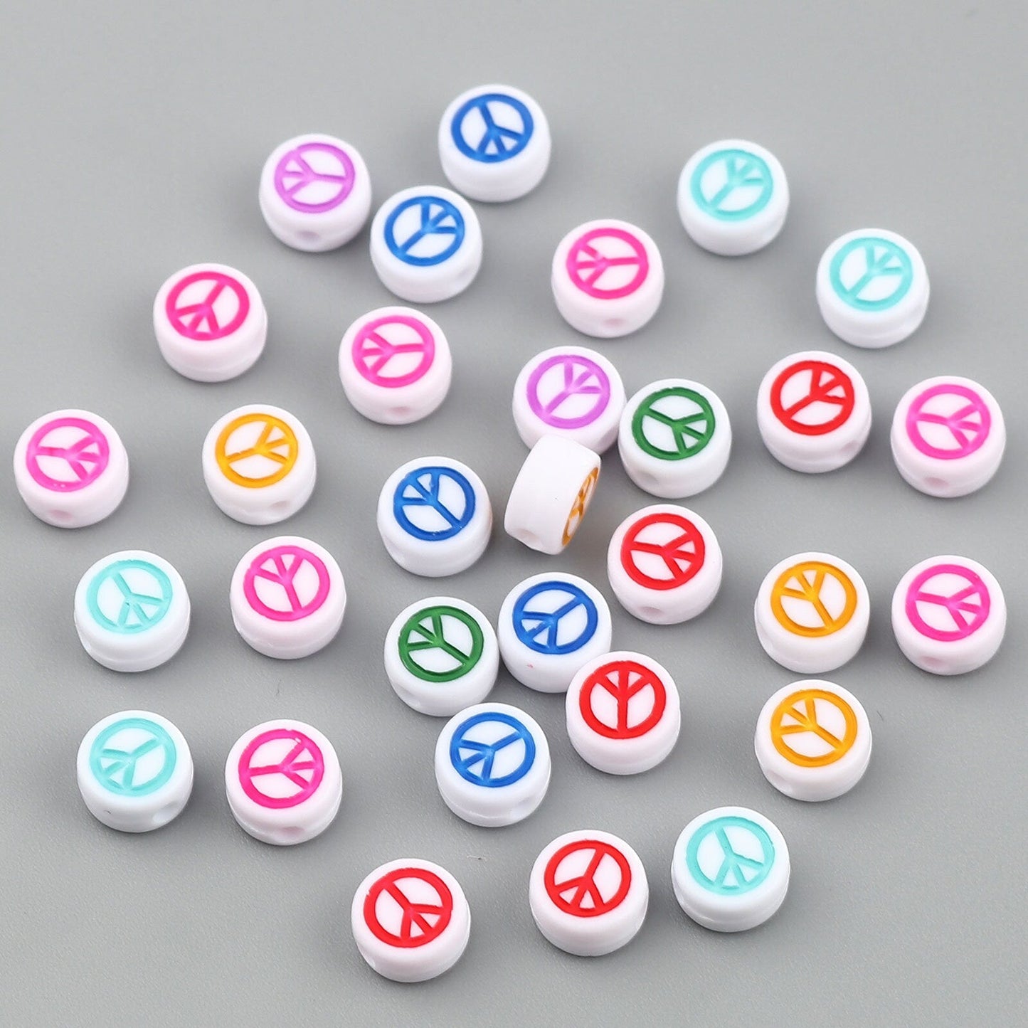 7MM White Flat Round Acrylic Multicolored Peace Sign Beads