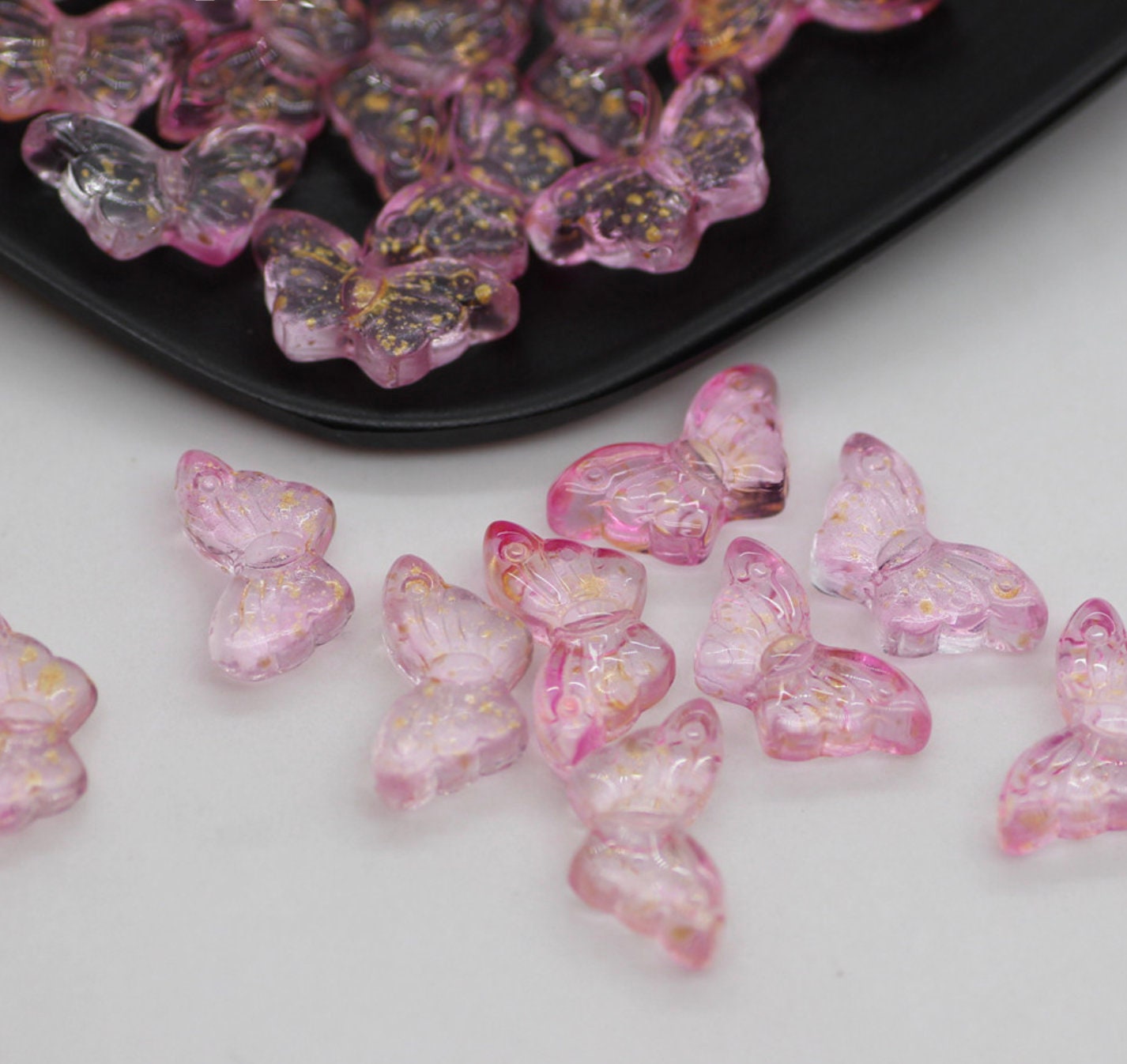 15MM Clear Pink w/Gold Specks Butterfly Colored Glass Beads