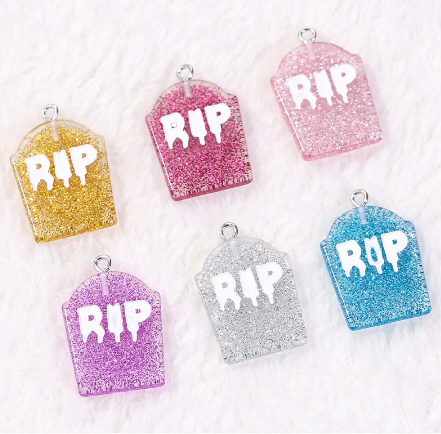 Cute Glitter RIP Tombstone Resin Charm with Eye Pin (25mm x 20mm)