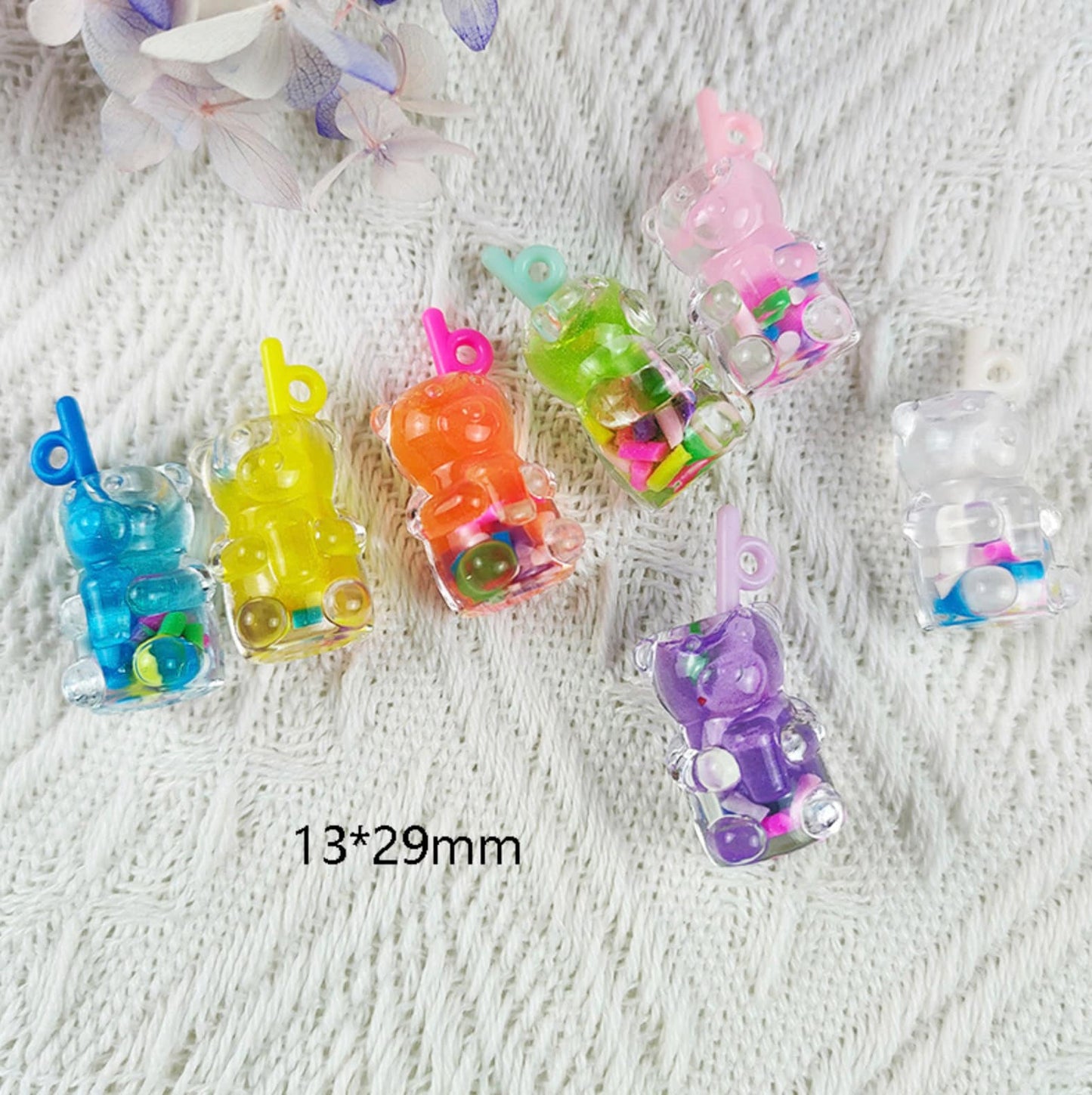 Resin Confetti Tea Bear Shaped Plastic Bottle Charm with Eye Pin (23mm x 12mm)